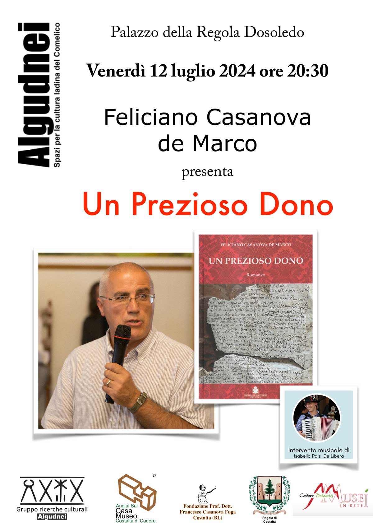 locandina dell'evento dedicato al libro Un Prezioso Dono di Feliciano Casanova